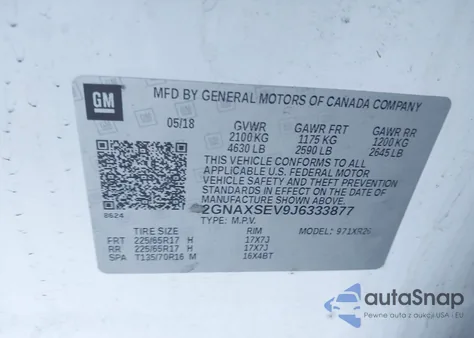 2018 Chevrolet Equinox Lt z USA, uszkodzony, nr VIN 2GNAXSEV9J6333877